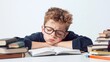 © PaulShlykov - Caucasian bored schoolboy sleepy at school elementary education study learning tired exhausted sad upset fatigued child boy kid pupil schoolchild lying at table desk lesson class relax health problem