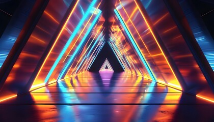 Wall Mural - Triangular Neon Tunnel: A Virtual Fashion Catwalk with Ultraviolet Lights and Abstract Reflections on the 3D Podium