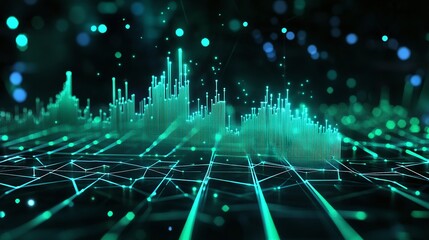 Poster - digital data visualization with glowing green wave patterns on a futuristic grid background.