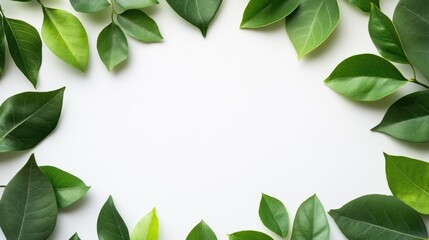 Poster - Green leaf border frame flat lay composition showcasing freshness with ample copy space for card invitations or product display design concepts