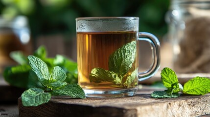 Mint tea served in a glass cup on a wooden surface