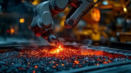 Wall Mural - A close-up shot of a robotic arm accurately extracts glowing red metal from a furnace, showcasing industrial precision and advanced technology