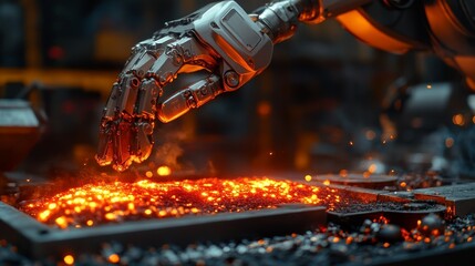 A close-up shot of a robotic arm accurately extracts glowing red metal from a furnace, showcasing industrial precision and advanced technology