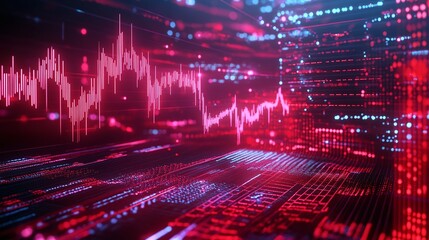 Poster - digital data visualization with vibrant red and blue graphs in an abstract network environment.