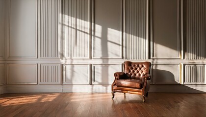 Wall Mural - Leather chair in empty studio against classic wall panels. Room mockup with luxury modern design. Minimalistic space with window shadow overlay on floor. luxury apartment comfortable suite lounge