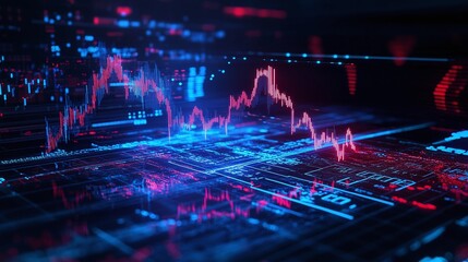 Poster - digital financial data visualization with colorful graphs and charts against a dark background.