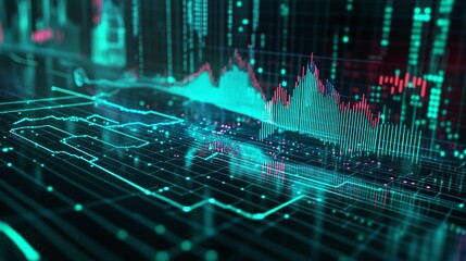 Poster - digital financial data visualization with graphs and charts in vibrant colors against a dark backgro