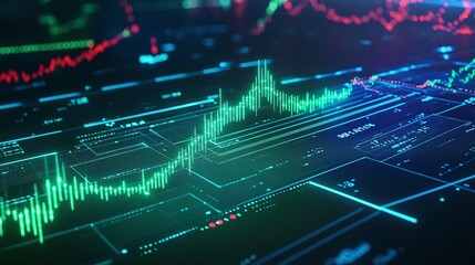 Poster - digital financial graph with data analysis, green and blue lines representing market trends, futuris