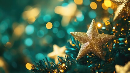 Poster - New Year and Christmas themed background featuring gold and green stars with ample copy space Abstract teal green and golden glitter bokeh effect with selective focus