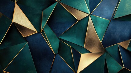 Poster - Gold-edged polygons in navy and emerald green form a geometric, luxurious backdrop with soft metallic textures and a premium feel.