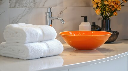 A bathroom featuring a sink white towels and an orange bowl on the countertop