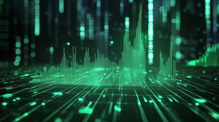 Poster - digital sound wave representation with green colors on a dark background.