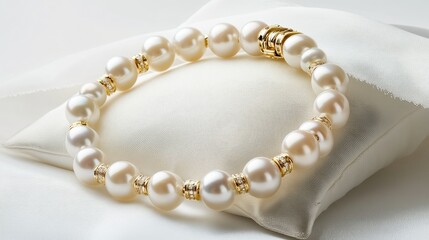 A luxurious pearl bracelet with gold clasps, artfully arranged on a white satin pillow, ready for an elegant occasion.