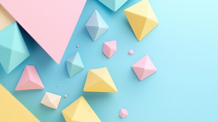 Poster - Polygon shapes in pastel colors like light blue, pink, and soft yellow scattered on a minimalist background, creating a simple yet elegant design.