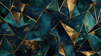 Poster - Polygon shapes in rich tones of deep blue and emerald with gold accents, layered to create a sophisticated luxury background.