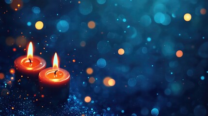 Poster - Flaming candles glow against a dark blue backdrop creating an abstract festive atmosphere Ideal for a holiday themed banner with space for text