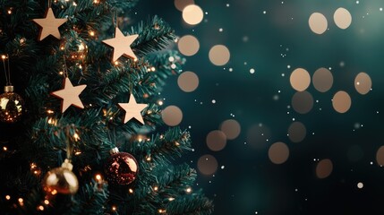 Festively adorned green Christmas tree featuring wooden star garlands set against a blurred dark backdrop with enchanting bokeh circles offering ample copy space