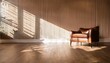 © Rahmat  - Leather chair in empty studio against classic wall panels. Room mockup with luxury modern design. Minimalistic space with window shadow overlay on floor. luxury apartment comfortable suite lounge