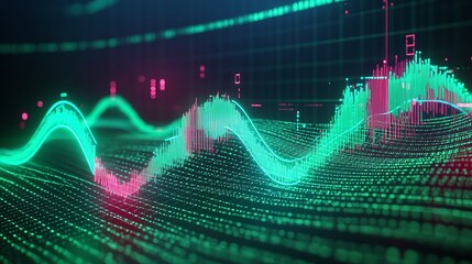 Poster - digital wave illustration with green and pink lines against a grid background, representing data ana