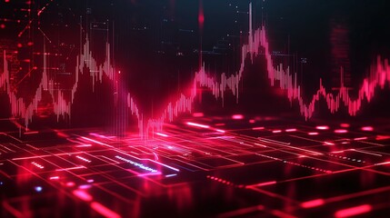 Poster - digital waveform with bright red lines on a dark background, representing data analysis and technolo