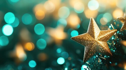 Poster - New Year and Christmas themed background featuring gold and green stars with ample copy space Abstract teal green and golden glitter bokeh effect with selective focus