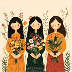 Illustration of Three women holding bouquets of flowers, surrounded by floral elements, Whimsical Floral Illustration of Women with Bouquets