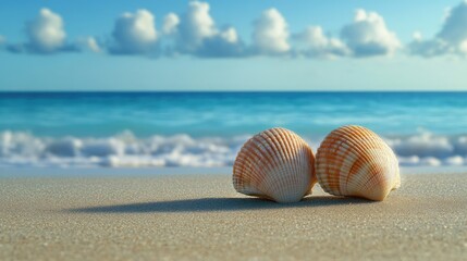 A pair of seashells resting side by side on a quiet beach, with the blue horizon of the sea barely touching the sky.