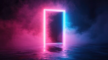 an abstract composition showcasing a doorway illuminated with neon pink and blue lights contrasted b