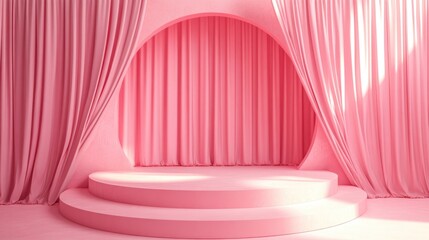 Poster - Pink stage with curtains and circular background captured in a studio Contemporary backdrop ideal for presentations