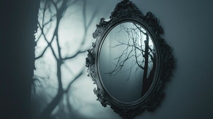 Poster - Elegant Mirror Capturing a Mystical Atmosphere of Beauty Amidst Shadows