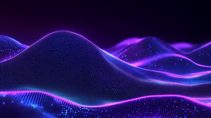 Poster - In an abstract background of purple particles, waves of lines and dots flow, the digital cyberspace looks futuristic, the technology blockchain network is abstract.