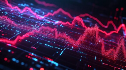 Poster - dynamic data visualization with vibrant red and blue lines representing fluctuating statistics on a 