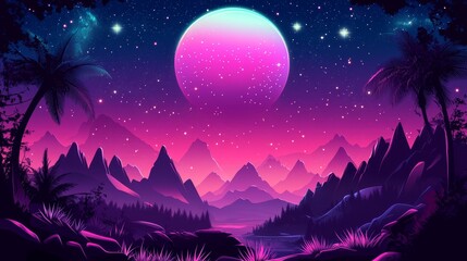 Poster - background with synthwave horizon. virtual 3d landscape with glow. perspective grid with starry sky.