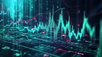 Poster - dynamic digital data visualization showing fluctuating statistics and graphs in a futuristic style.