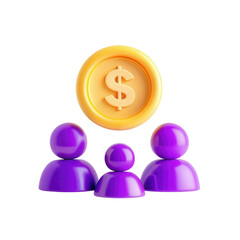 Poster - A 3D render of three purple figures beneath a golden dollar coin, symbolizing financial cooperation. The figures are generic and do not represent any specific ethnicity.