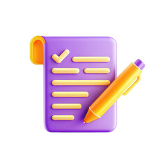Poster - A vibrant 3D model of a purple document with a checkmark and a yellow pen, illustrating tasks and organization. Ideal for educational or office themes.