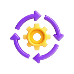 Poster - The image features a vibrant yellow gear surrounded by purple arrows, symbolizing a cycle of motion and processes.