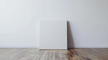 Poster - Blank art canvas mockup placed on a laminate floor in front of a white wall