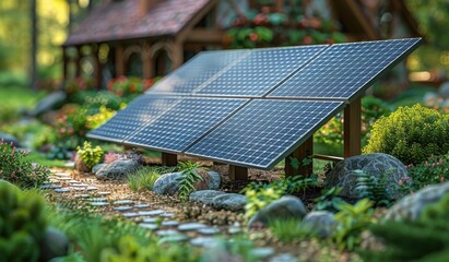 Expensive house with photovoltaic panels surrounded by lush greenery in a tranquil environment