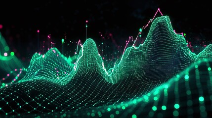 Poster - dynamic digital landscape with glowing green and pink data points representing growth and analytics.