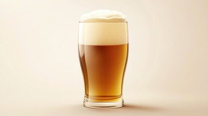 A transparent pint glass filled with golden beer topped with a rich creamy foam