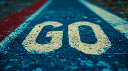 The image shows a close-up of a road with the word 