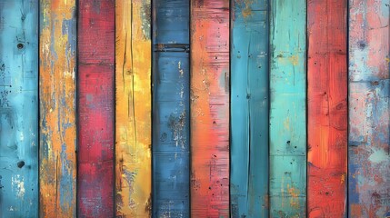 Canvas Print - Bright, colorful wood background with vertical slats of wood in different colors.