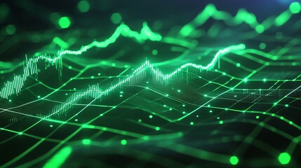 Poster - dynamic green digital data visualization with fluctuating lines and dots representing financial anal