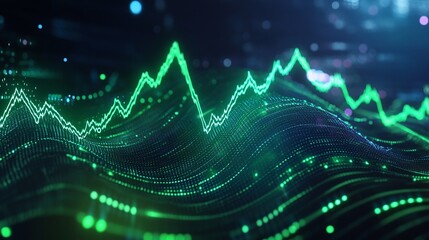 Poster - dynamic green wave graph representing data fluctuations on a dark background.
