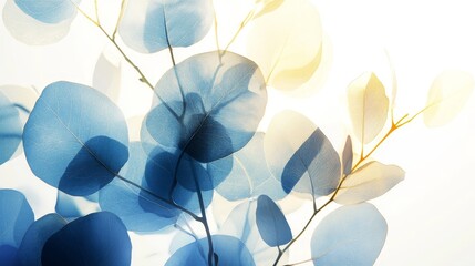 Transparent blue tree leaves with golden and dark blue colors. Ai generated design.