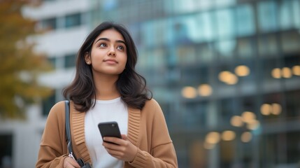 an attractive young Indian woman in business casual attire, holding her phone and looking up at the sky outside while walking on street with glass buildings behind her.