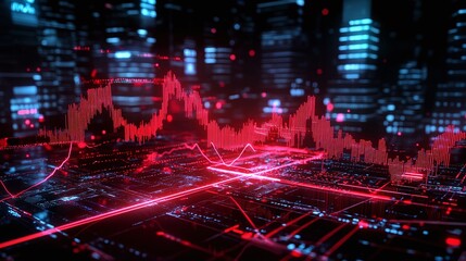 Poster - futuristic cityscape with a digital graph overlay, showcasing data analysis and technology impact.