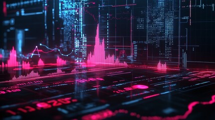 Poster - futuristic data visualization with glowing pink waves and digital graphs on a dark backdrop.