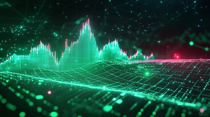Poster - futuristic data visualization with green and pink wave patterns, representing analytics and digital 